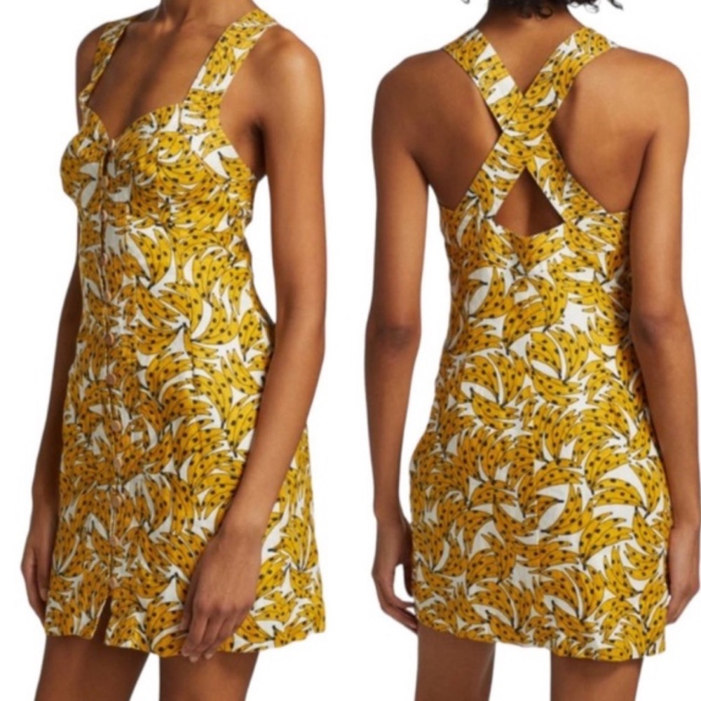 Farm Rio Spotted Bananas Button Front Cotton Linen Anthro Mini Dress Small